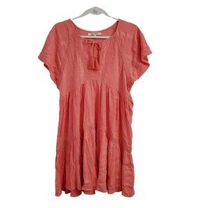 Rip Curl Womens Dress Small‎ Coral Orange Boho Short Sleeve Tassel CrewNeck Tie